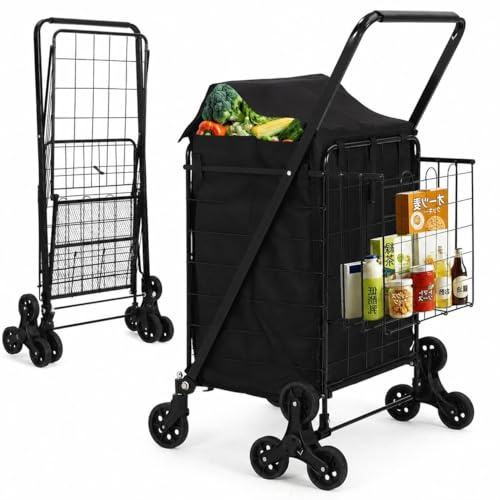 Shopping Trolley, Stair Climbing Shopping Trolley on Wheels - Heavy Duty Folding Shopping Cart with 360° Swivel Wheels & Waterproof Liner - Large Folding Trolley Cart for Laundry, Camping & Luggage
