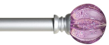 Kenney – Estrella Curtain Rod, Durable Steel with Purple Sparkle Fluted Acrylic Ends, 5/8 Diameter, Adjustable 28–48, Brushed Nickel Finish