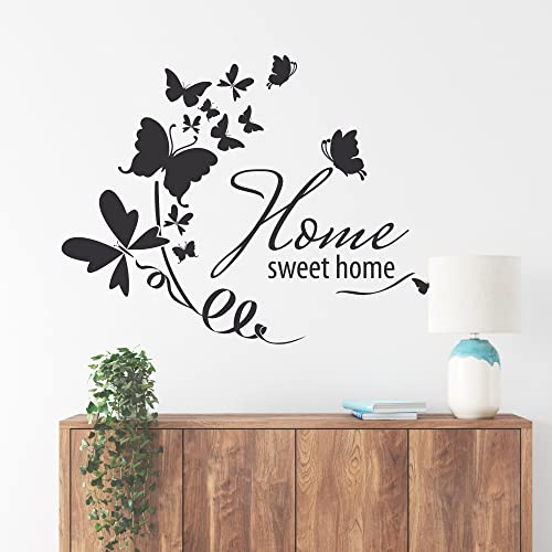 GRAZDesign Wandtattoo Wohnzimmer Home sweet home Schmetterlinge, Willkommen Spruch für Eingang - 66x50cm / 070 schwarz