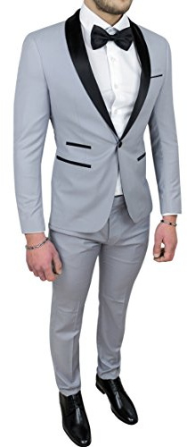 Abito Completo Uomo Sartoriale Grigio Raso Vestito Smoking Elegante Cerimonia (44, Grigio)