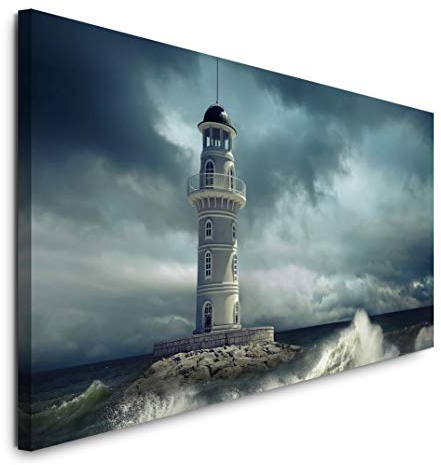 Paul Sinus Art GmbH Leuchtturm im Meer 120x 50cm Panorama Leinwand Bild XXL Format Wandbilder Wohnzimmer Wohnung Deko Kunstdrucke