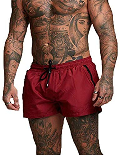 EDOTON Badbyxor för män, sommar vardaglig löpning träningsbyxor med fickor baddräkt snabbtorkande strandshorts, Röd, L