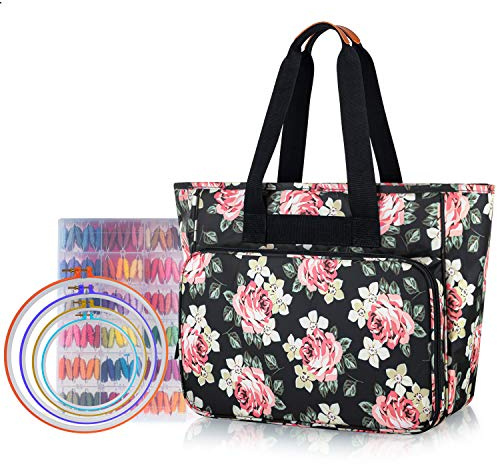 Yarwo Reisetasche für Kreuzstich Tool Kit, Aufbewahrungstasche für Stickerei Set, Tragetasche für Stickgarn Organizer(NUR EINE TASCHE), Schwarz Pfingstrosen(PATENT ANGEMELDET)