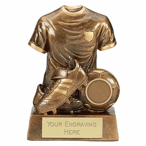TROPHIESPLUSMEDALS Legend Football Shirt Boot Ball Trophy, Gold, 18cm | Resin football trophy with detailed player design and free engraving on personalised plate, ideal for clubs and leagues.