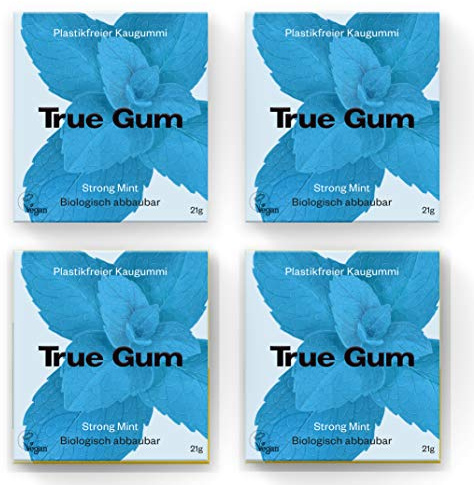 True Gum 4er SET: STRONG MINT | Plastikfreier Kaugummi | Biologisch Abbaubar | Vegan | 4 x 21g, 84 g