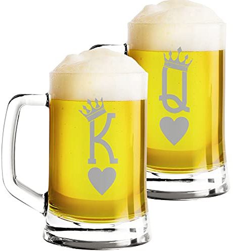 Colorfamily Coppia Boccali da birra Set da 2 Boccali da birra King Queen - bicchiere in vetro 50 cl