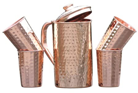 AncientImpex Pure Copper (99.74%) Hammered Pitcher with 4 Copper Tumblers | 1.5 Lt (50.7 US Fluid Ounce) Pitcher, 350 Ml (11.85 Fluid Ounce) Tumblers | Ayurveda Health Benefits