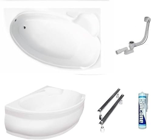 ECOLAM Baignoire d'angle en acrylique Finezja 155x95 cm | version droite | tablier acrylique | pieds siphon et silicone | baignoire confortable | set complet