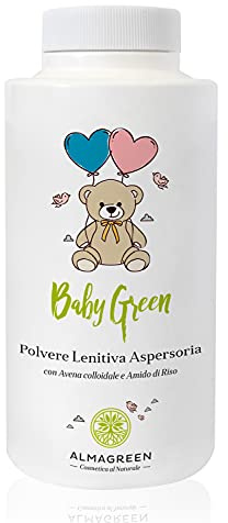 Almagreen Polvere aspersoria lenitiva e protettiva, Talco per cambio pannolino e bagnetto bimbi, 150 gr