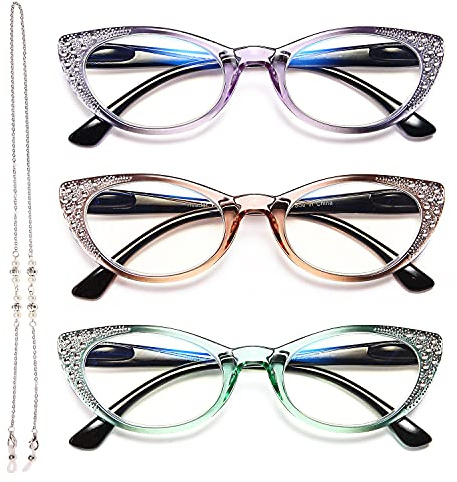 EYEURL Cat Eye Lesebrille für Damen 3er-Pack Blaulichtfilter Brille | Computerbrille Katzenauge Lesebrille mit sehstärke strass mit Federscharnier Anti Augenbelastung/Helligkeitsreflexion