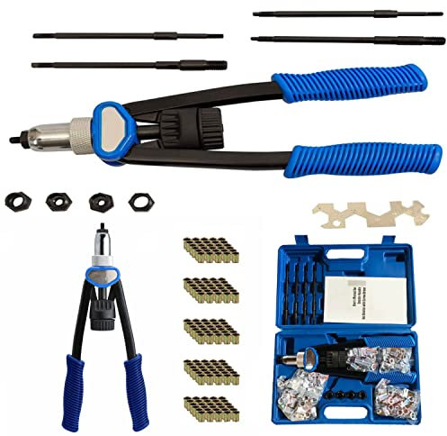Nietmutternzange Set mit Hoher Hebelwirkung Griffe, 150 Nietmuttern M5 M6 M8 M10 M12 Nieten, 5 Austauschbare Dorne Nietzange Blindnietzange Profi Set für Automotive, Metall, Elektro, Transport, usw