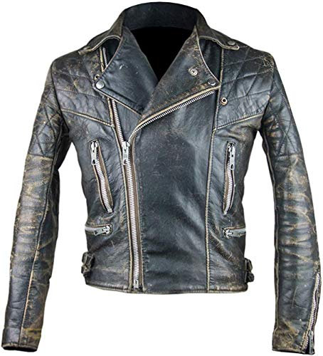 Giacca da uomo in vera pelle da motociclista, stile vintage, marrone invecchiato, Nero invecchiato., XL