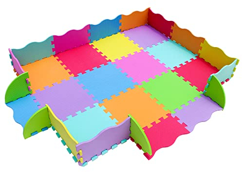 meiqicool Bodenfliesen aus Schaumstoff für Kinder, ineinandergreifende Farben, Puzzle-Matte, Spielteppich, 12-teilig, 18 Kanten, 3009B12