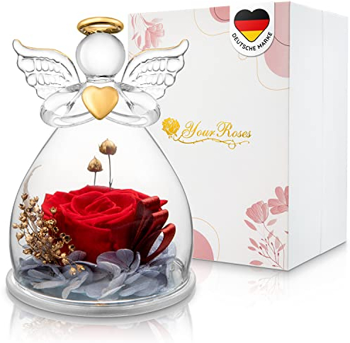 YourRoses ® Echte Premium Rose in Einer Engelfigur aus Glas und Einer wunderschoenen Geschenkbox (Rot) Liebsten und Familie