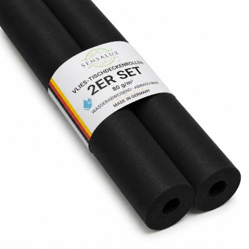 Sensalux Vlies Tischdeckenrolle 2er Set 1,18 x 25 m Schwarz, 80 g/m² | abwaschbar, wasserabweisend, stoffähnliche Tischdecke Rolle, OEKO-TEX, Party, Catering, Gastro