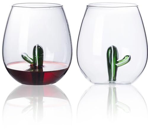 Stemless Wine Glass with Cactus Inside, 16 OZ Large Capacity Unique Wine Glasses with 3D Animal Marker Wedding Birthday Gifts for Sea Ocean Lovers