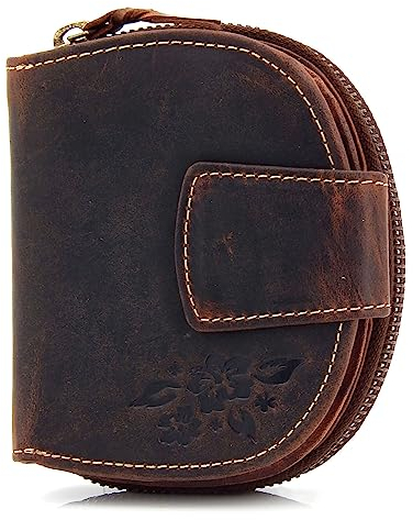 ekavale Damen Portemonnaie aus Rindsleder mit Blumen Design, RFID Schutz, Geldbörse Brieftasche Portmonee Frau mittelgroß (Braun)