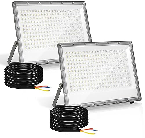 Yakimz Lot de 2 projecteurs LED d'extérieur 200W, super lumineux 19800 lm LED Spots extérieur, 6000 K blanc froid, 230 V IP66 étanche. éclairage de sécurité pour arrière-cour, allée (pas de prise)