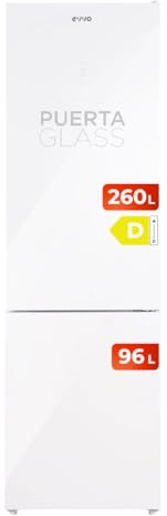 EVVO Frigorífico Combi No Frost, Capacidad Frigorífico 257 L Congelador 94 L, Motor Inverter, 60cm de Ancho, Clase energética D, Multi Air Flow, Luz Interior LED, Panel LED táctil, F60W Glass (Blanco)