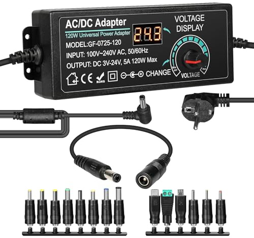 BuyWeek 5A 120W Adaptateur Universel 3V~24V Adaptateur Alimentation Réglable 100V-240V AC vers DC Transformateur avec 14 Embouts DC et Câble de Polarité Inversée pour l'électronique Domestique
