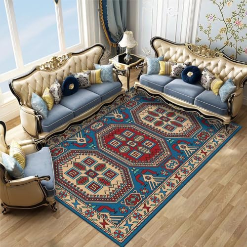Kunsen 200X300CM Teppich Kinderzimmer Mädchen Modische Wohnzimmerdekoration im Retro-Stil, schmutzabweisend, waschbar und bequem Küchen Teppiche Blau Flickenteppich Eingang