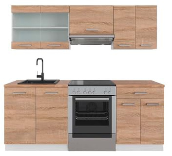 Vicco Küchenzeile R-Line, Sonoma/Weiß, 200 cm, AP Eiche, zur individuellen Erweiterung mit zusätzlichen Modulen geeignet