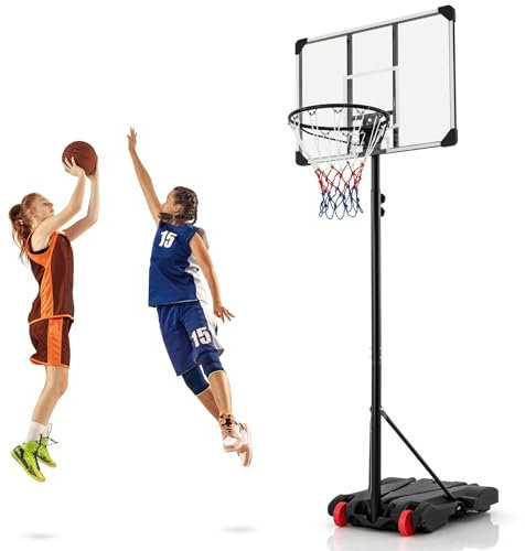 COSTWAY Canestro da Basket Portatile e Regolabile in Altezza 223-253 cm, Canestro da Basket da Esterno ed Interno con Tabellone Antisfondamento, Base Riempibile e Ruote