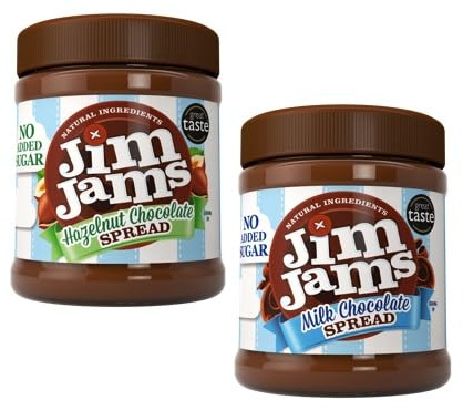 Jimjams No Added Sugar Healthy Diabectic Belgium Milk & Hazelnut Chocolate Spread 350g, for Pancakes, Porridge, Muffins and Party Food, Unique Recipe Mothers & Fathers Day Christmas (2 Jars, Mix)