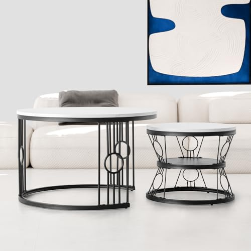 okwish Runden Couchtisch 2er Set, Hochglanz Wohnzimmertisch mit Stauraum, Coffee Table für Wohnzimmer, Balkon, Metallgestell, Weiß und Schwarz