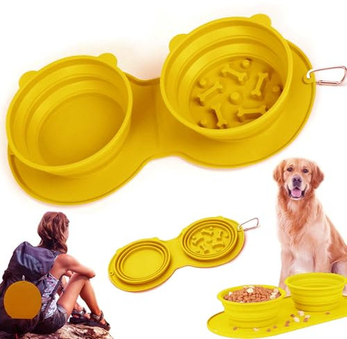 CEASELESLY Cuencos de Viaje para Perros,Comedero Plegable De Silicona para Perros,Cuenco Doble de Comida Portátil,Cuencos con mosquetón,para Aire Libre Viaje Excursionismo Cámping(Amarillo)