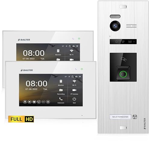 Balter EVO-HD Video Türsprechanlage mit Fingerprint, Video Türklingel, 1 Familienhaus, 2X 7 Zoll Monitore, Türklingel mit Kamera Full HD, 2 Draht Bus, 175° Weitwinkel, RFID,1080P