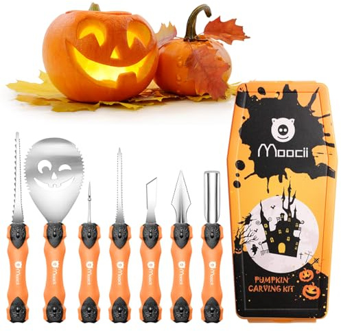 Kürbis Schnitzset Halloween Pumpkin Carving: 7pcs Professionelle Hochleistungs Edelstahl Kürbisschnitz Set DIY Schnitzmesser mit Kindern und Familie Tragbar Kürbis Schnitzwerkzeug mit Tragetasche