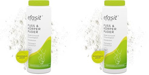 efasit Fuß und Körper Puder - Gegen schwitzende Füße, ideal bei Fußgeruch und Schweißfüße, bindet Feuchtigkeit, schützt die Haut und sorgt für angenehmen Geruch, 100g (Packung mit 2)