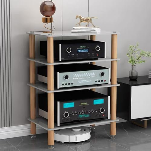 GUAWJRZDP Rack Audio, Rack Hi Fi con Pannello In Vetro Temperato, Mobile Stereo Hi Fi Rack Hi Fi, Mobiletto Stereo con Piedini Ammortizzanti, Cabinet Audio Hi Fi Aperto, con Colonne In Legno(White+woo