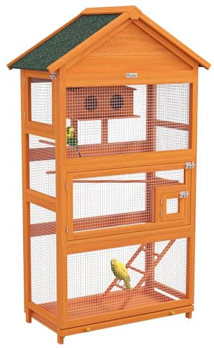 PawHut Vogelkäfig aus Holz, Käfig für Papageien, Spielplatz, Vogelvoliere für den Außenbereich, Dach Asphalt, wasserdicht, für Wellensittiche, Nymphensittiche, Sittiche, Kanarienvögel, 92 x 52 x 171