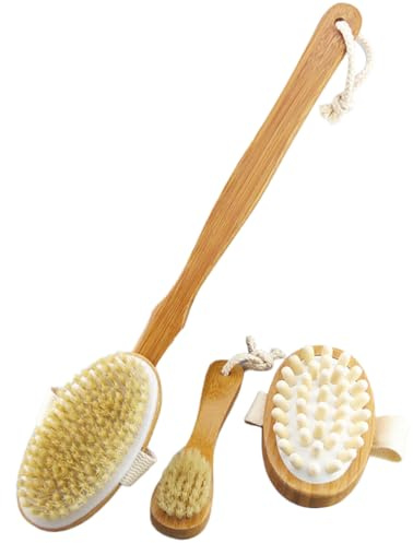 Healvian Brosse De Douche À Poils Naturels Avec Manche Long 13.39 Pouces Pour Corps Dos Et Visage Ensemble De Brosses De Bain Douce Avec Ficelle Suspendue Pour Exfoliation Et Massage