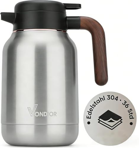 Vondior termos 1,5 liter, isolerad kaffekaraff av 304 rostfritt stål, termos-dryckesdispenser, vakuumkanna för 36 timmar varma/kalla vätskor, lämplig för festdrycker (svart)