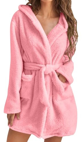 Shownicer Accappatoio Donna con Cappuccio Spugna Morbida con Tasche e Cintura Leggero Corto Rosa Chiaro Taglia XS
