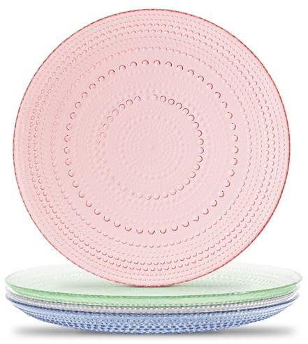 Yungala Multi-Colored Summer Vintage Hobnail Glass Plates – Set of 4 – Vibrant Glass Dinner Plates for Elegant Table Settings