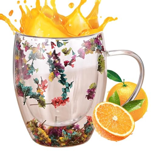 FVPKYUR 8,5 x 11,5 cm 350 ml taza de café de de flores, tazas de café con flores secas, vaso de vidrio de doble capa, taza de café de vidrio de doble pared, flor taza de té con mango