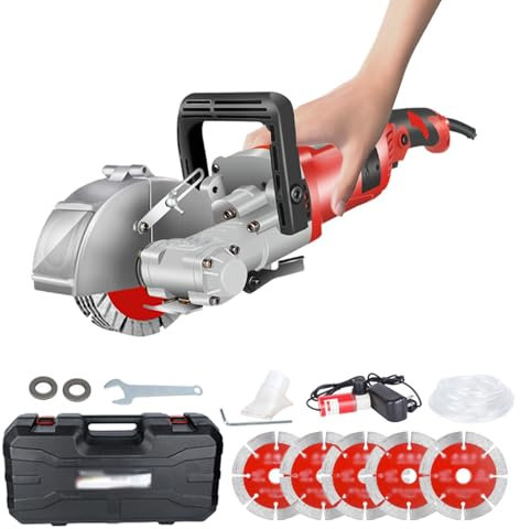 WUCIOA Electric Wall Chaser, 4000W Concrete Slotting Machine with 5 Saw Blades and Storage Box, Visible Headshell, 7500RPM Floor Tile Cutting Machine for Cut Granite Marble Concrete Stone(Red)