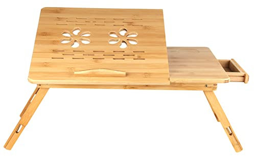WODFARR Klappbarer Betttisch, kleiner Tisch aus Bambus, für links und rechts, verstellbare Platte, Belüftungslöcher, 66 x 35 x 30 cm