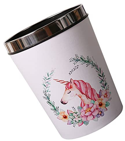 Ciieeo 12l Unicorn Bin with Cover for Bedroom and Home, Cartoon Style round Trash Bin Featuring Reusable Fixing Garbage Bag, Made of Sturdy Leather, Pvc, and Iron, Waste Basket for Home