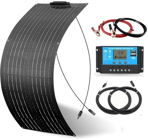 50W Flexibles Solarpanel Kit Set 12V Schwarz Solaranlage Wohnmobil Boot | Solarmodul Komplettset+10A 12V/24V Solarladeregler + Solarkabel für 12v Batterien Häuser Balkon Camping Wohnwagen