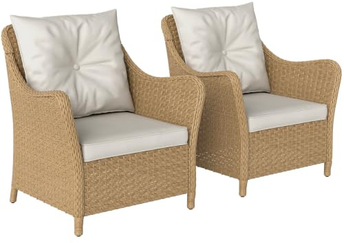 Outsunny Rattan Garden Chairs Set of 2 with Cushions High Back Beige | Outdoor Rattan Chairs, Armrests, PE Wicker Garden Armchair, Steel Frame, for Balcony, Porch