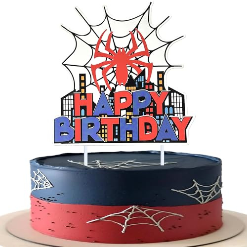 Rsstarxi 1 Pack Spider Happy Birthday Cake Topper City Glitter Spider Web Cake Pick for Baby Shower Boys Kids Birthday Party Cake Decorations Supplies