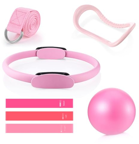 Newofview Pilates Ring Set Exercise Equipment with 3 Pilates bänder & Pilates Ring & Ball & Spanner & Yogagurt für Core-Training für Frauen