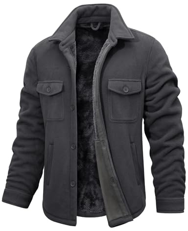heekpek Men's Jackets Autumn Winter Fleece Flannel Shirts Jacket Long Sleeve Lumberjack Casual Lapel Collar Coat with Pockets, Dark grey, XXL