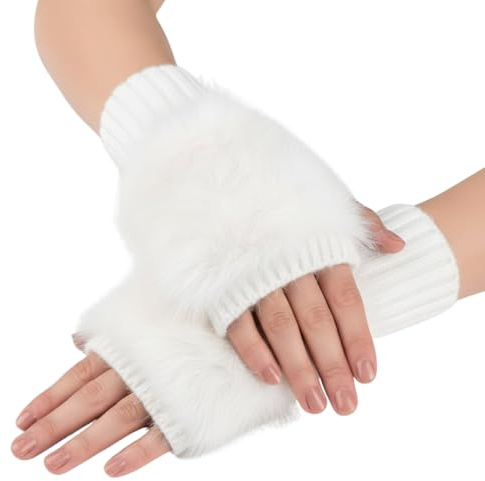 Fabchik Handstulpen Damen, Fingerlose Handschuhe mit Keildaumen Weiche Strick Pulswärmer Armstulpen mit Kunstfell für Alltag, Büro, Outdoor (Weiß)