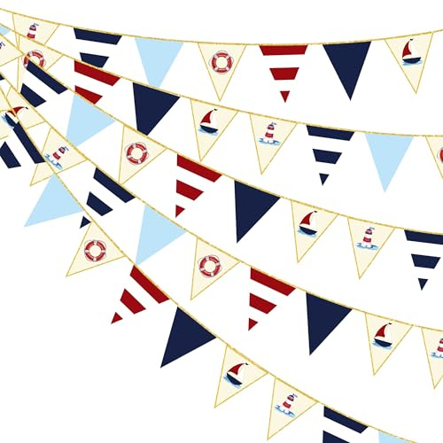 27Ft Navy Red Beige Gold Bunting Banner Party Decorations Glitter Stamping Paper Triangle Flag Pennant for Nautical Pirate Ahoy Achor Let's Get Nauti Theme Birthday Wedding Baby Shower Home Party